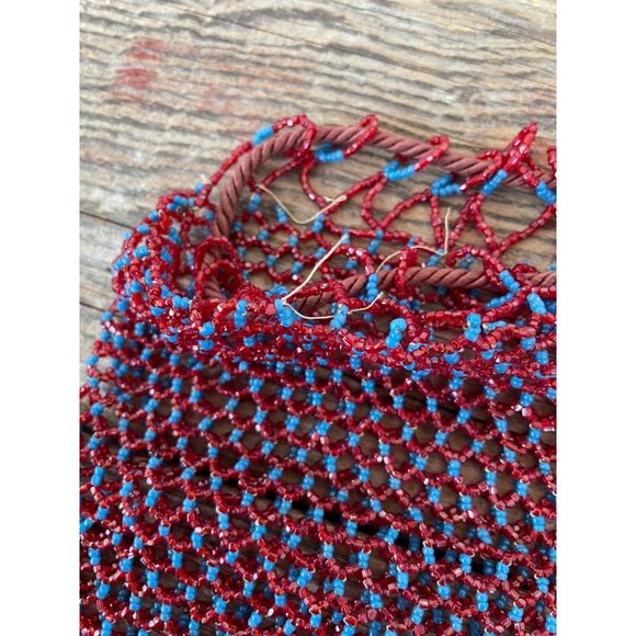 Antique Glass Beaded Pouch Draw String Purse Red Blue No lining - Picture 8 of 9